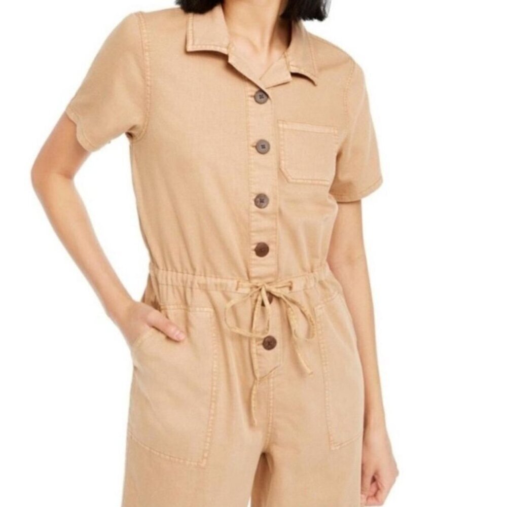 Oat New York Women's Utility Jumpsuit Cropped Leg Romper Size Small Tan